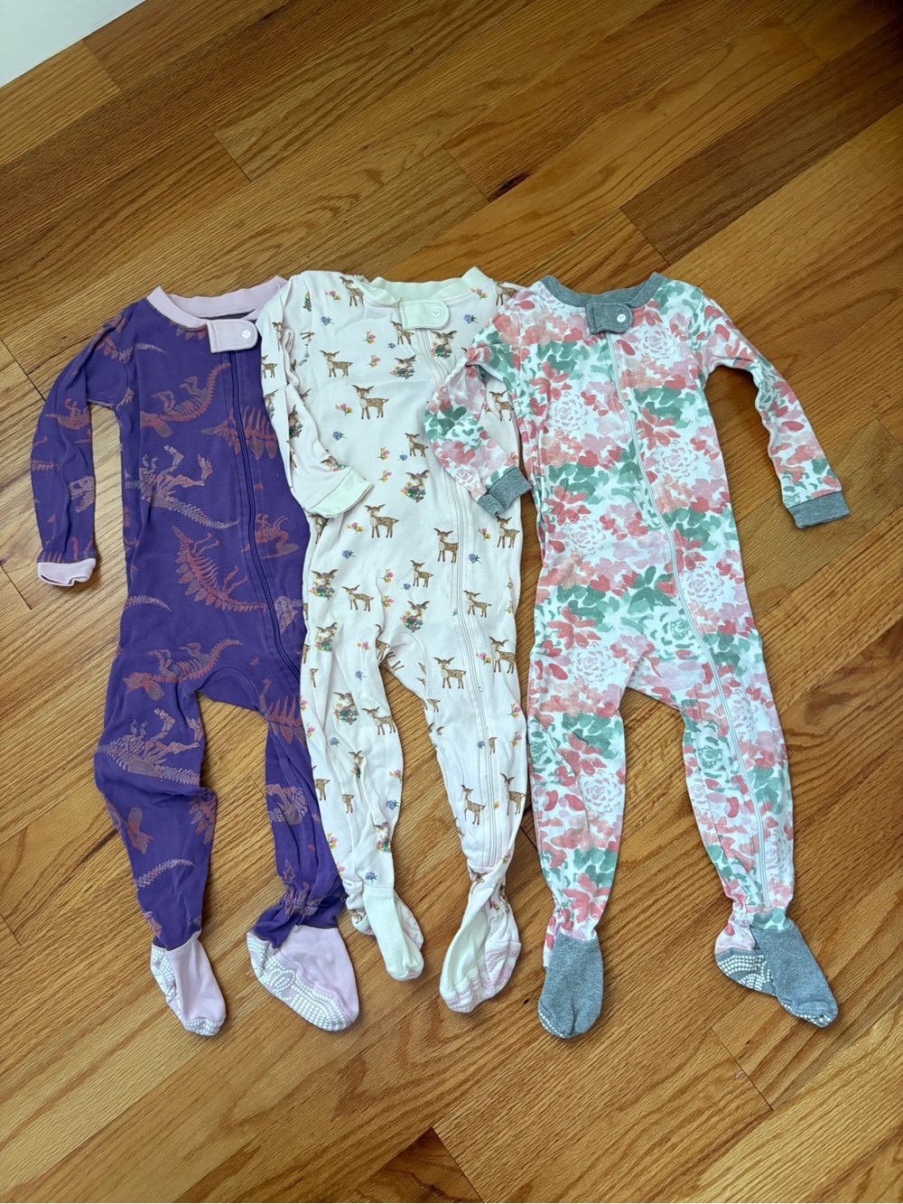 Burt’s Bees Baby Purple Dinosaur, Pink Deer, Floral One-Piece Sleeper Set of 3